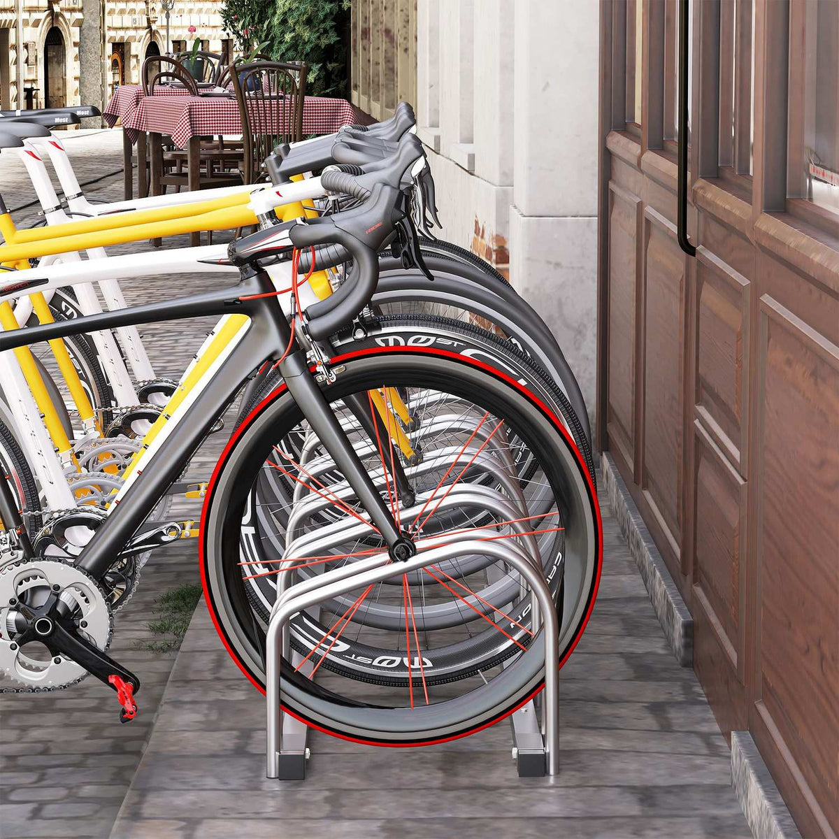 Bike Stand For Up To 6 Bikes Weatherproof, Durable, Floor & Wall Mounting, Steel, Silver, 179X33X27Cm