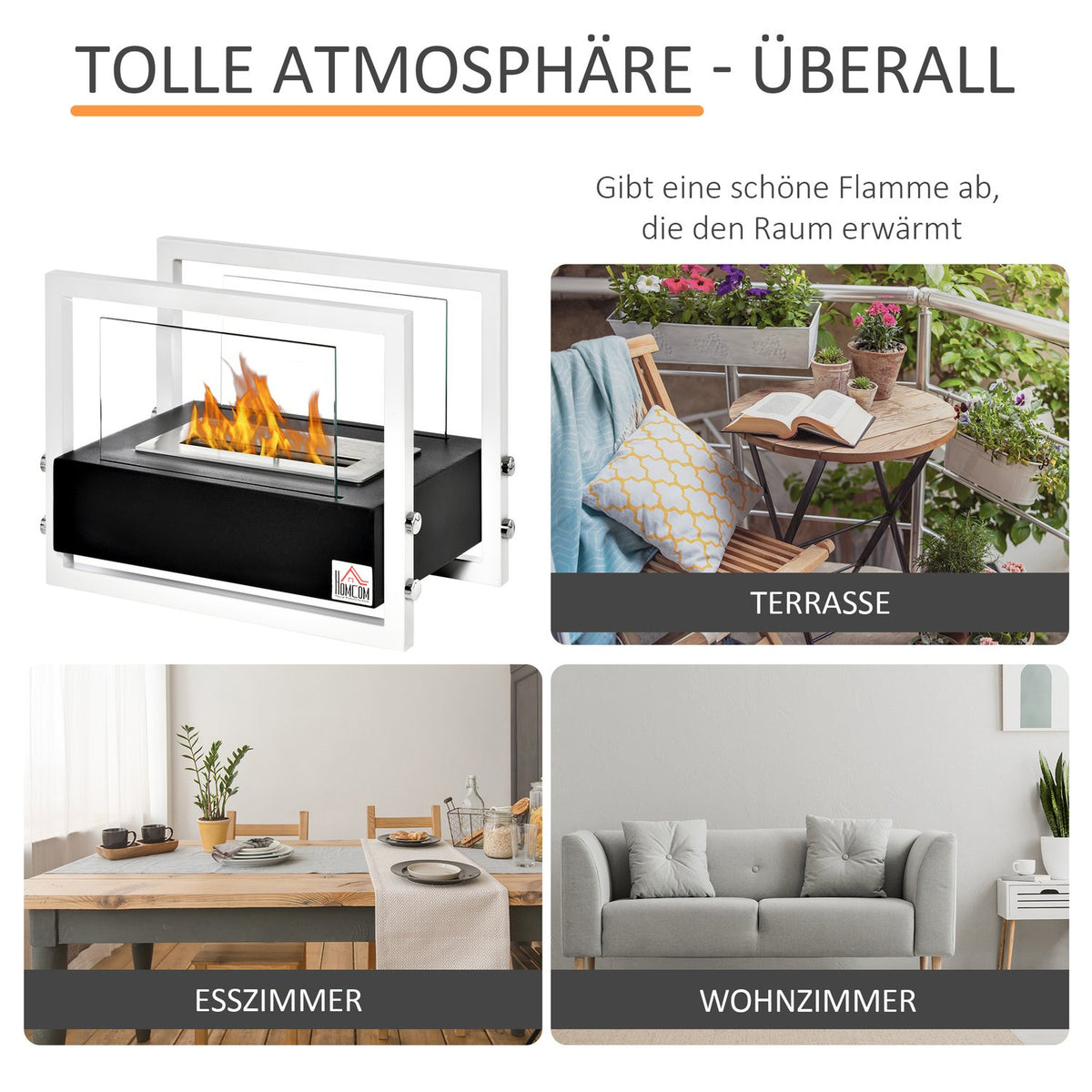 Bio Fireplace Ethanol Fireplace Bio Ethanol Burner 1.5L Burning Time No Smoke Metal Tempered Glass Black + White 39.5 X 25 X 30 Cm