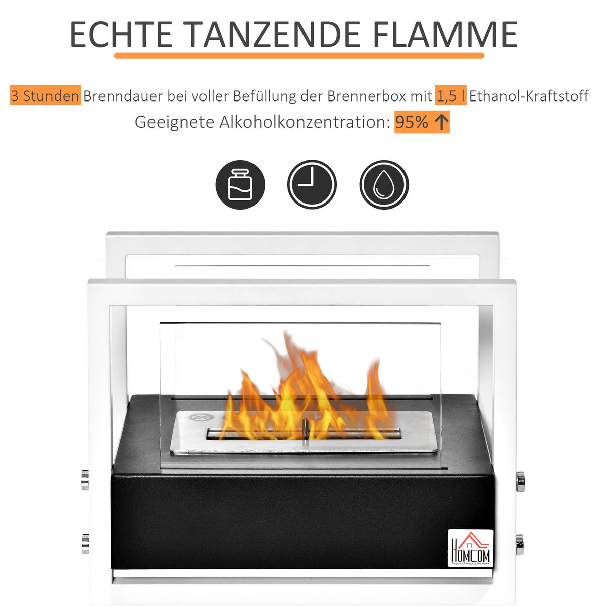 Bio Fireplace Ethanol Fireplace Bio Ethanol Burner 1.5L Burning Time No Smoke Metal Tempered Glass Black + White 39.5 X 25 X 30 Cm
