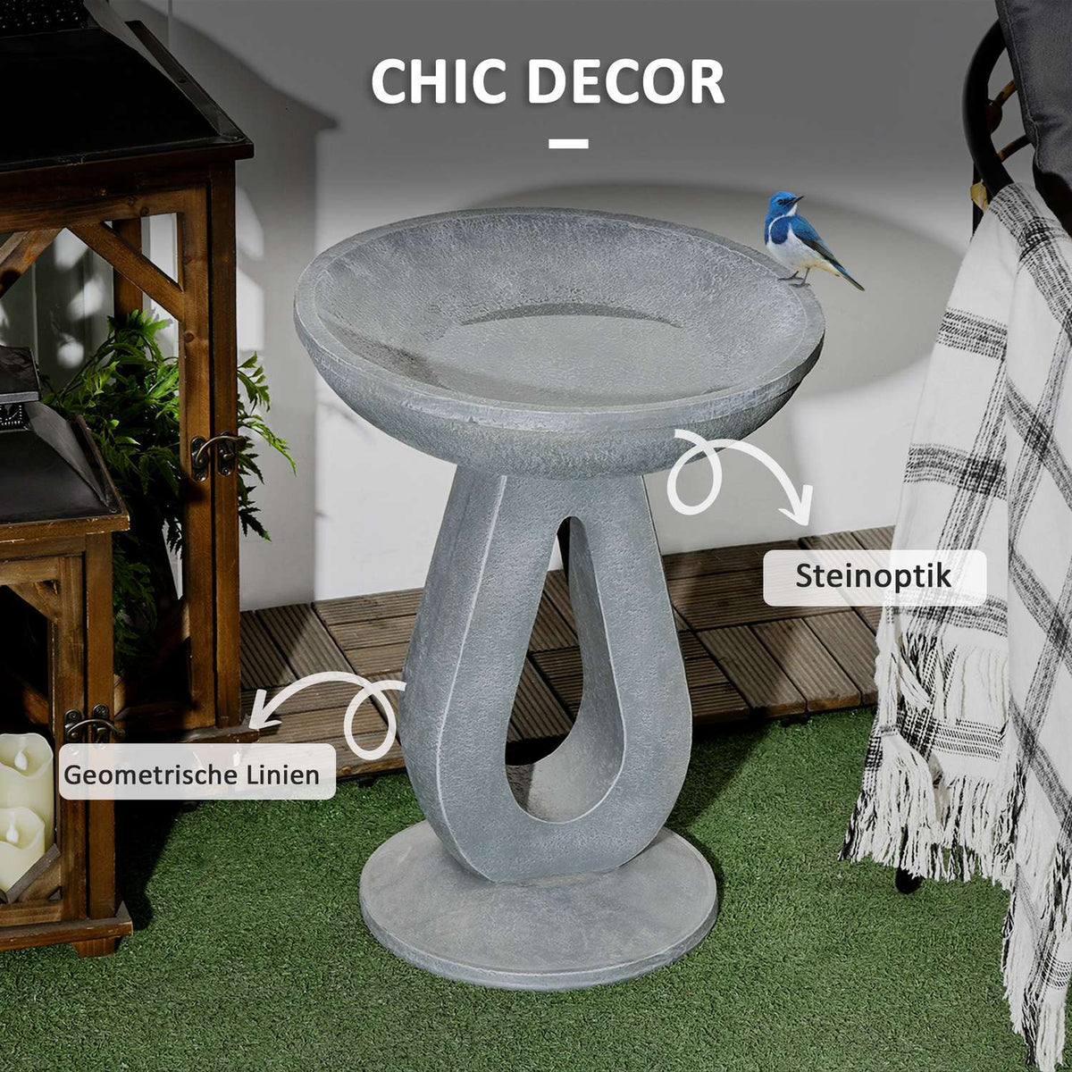 Bird Bath With Stone Look Stand, Bird Feeder, Wild Bird Bath For Garden & Balcony, Grey, 51Cm