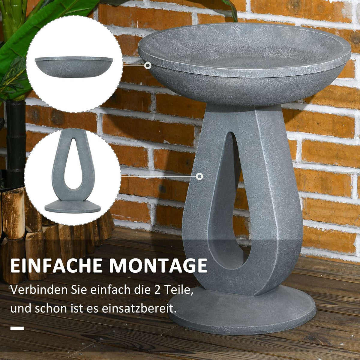 Bird Bath With Stone Look Stand, Bird Feeder, Wild Bird Bath For Garden & Balcony, Grey, 51Cm