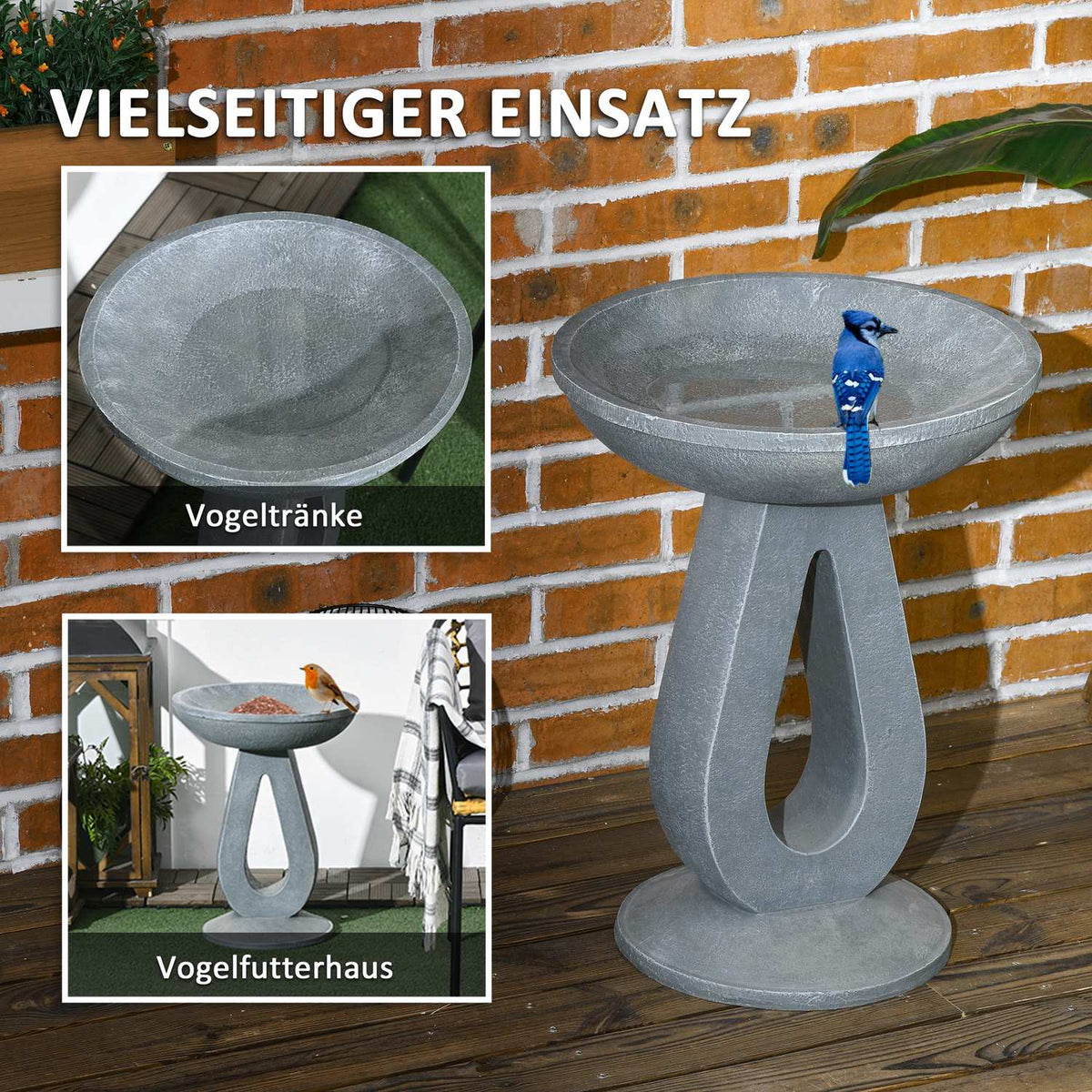 Bird Bath With Stone Look Stand, Bird Feeder, Wild Bird Bath For Garden & Balcony, Grey, 51Cm