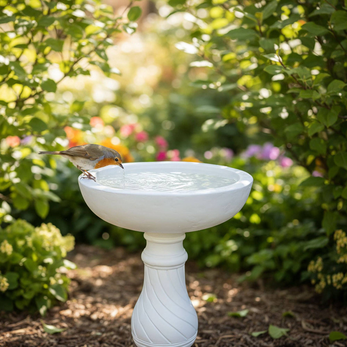 Bird Bath on Pedestal, White Resin, Frost-Resistant