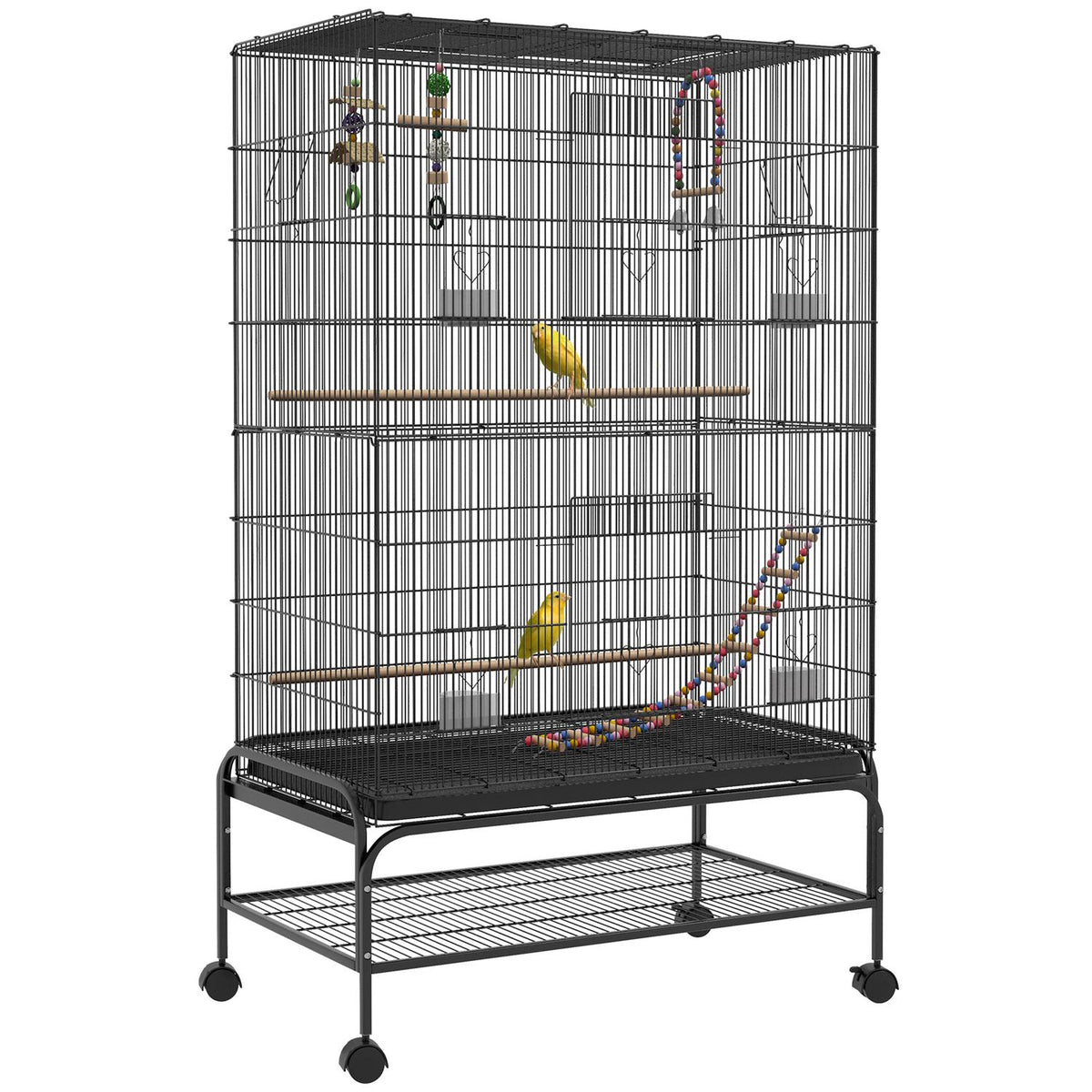 Bird Cage Bird Aviary With Perches Bird Builder With Shelf, Wheels, Removable Base Tray, Aviary With Doors, Black