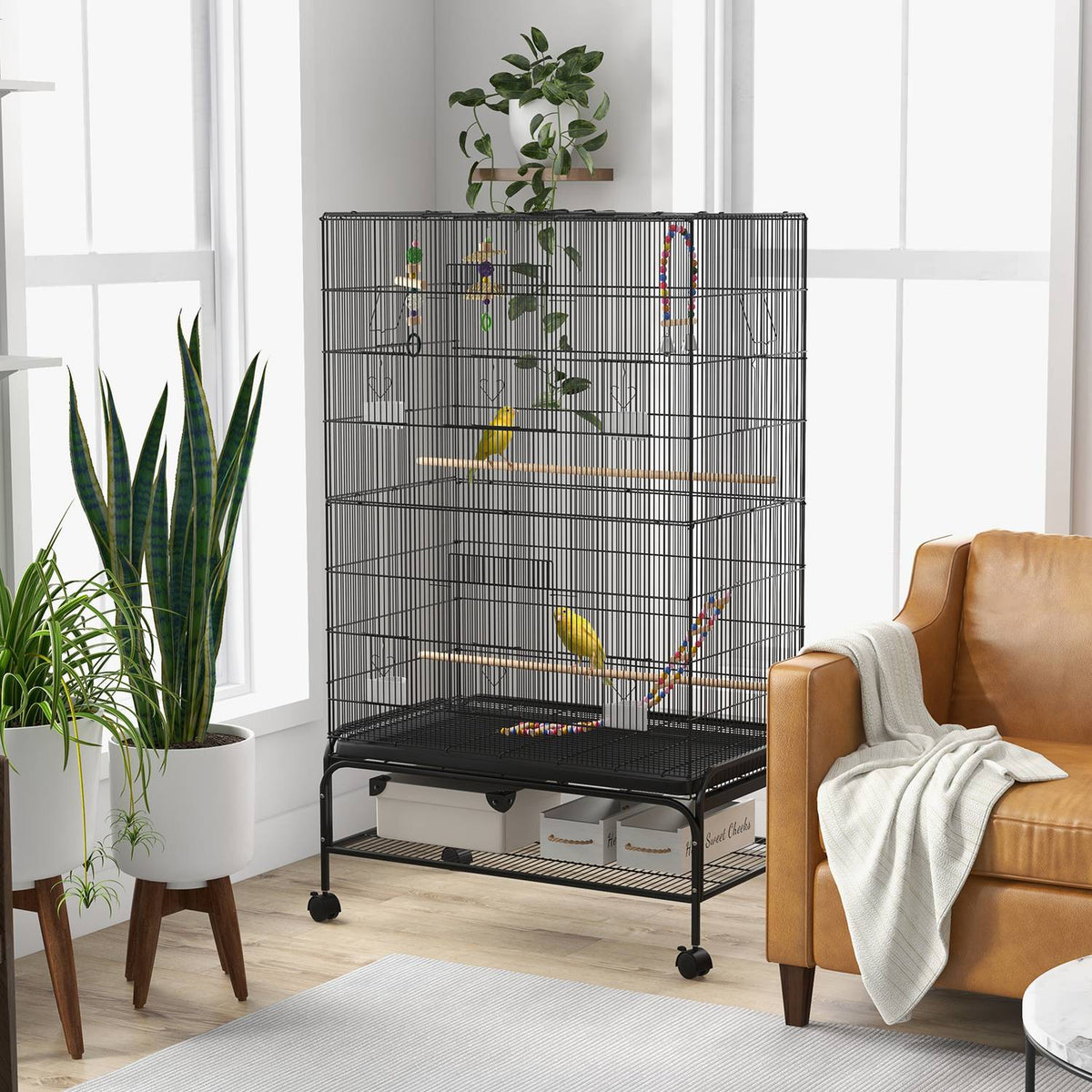 Bird Cage Bird Aviary With Perches Bird Builder With Shelf, Wheels, Removable Base Tray, Aviary With Doors, Black