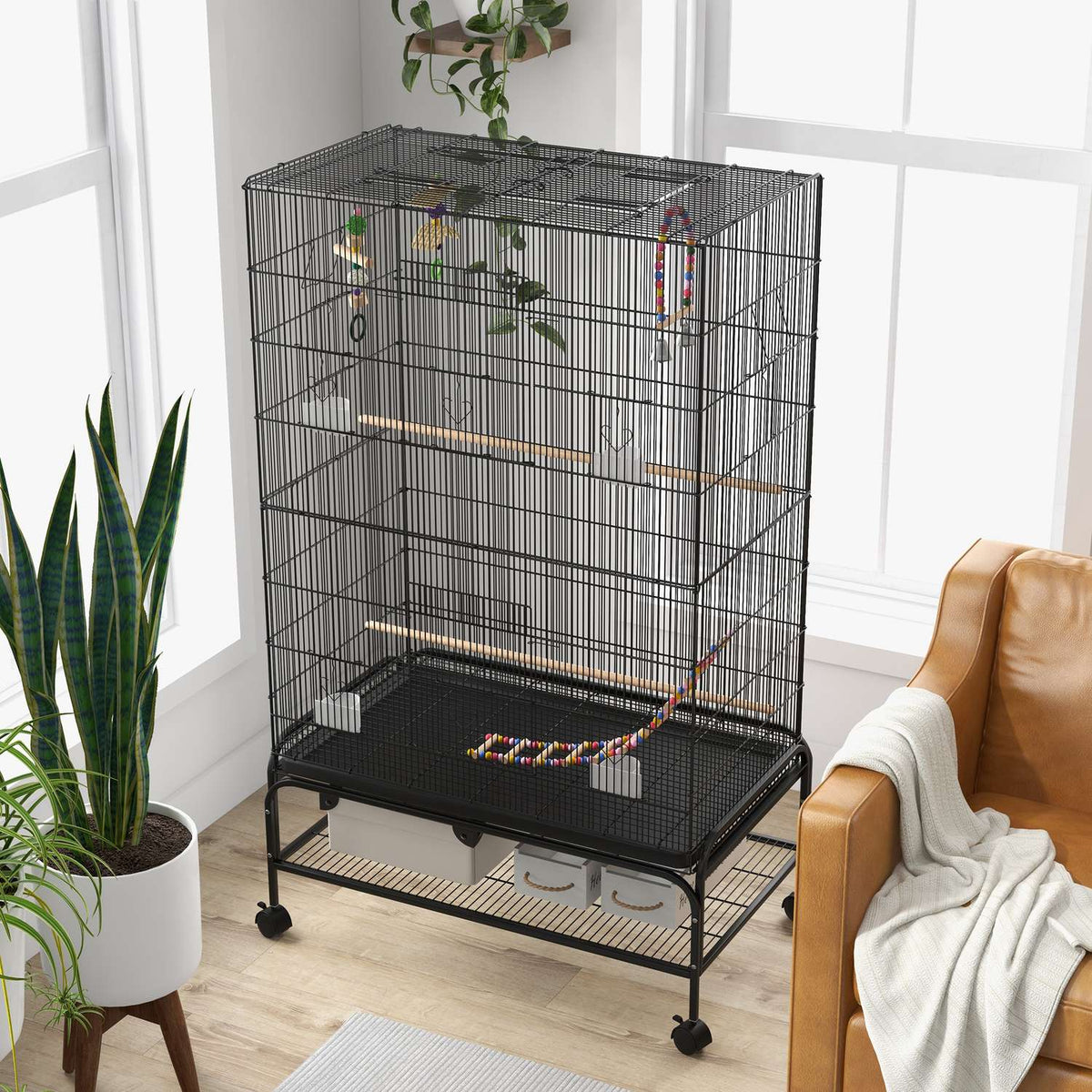Bird Cage Bird Aviary With Perches Bird Builder With Shelf, Wheels, Removable Base Tray, Aviary With Doors, Black