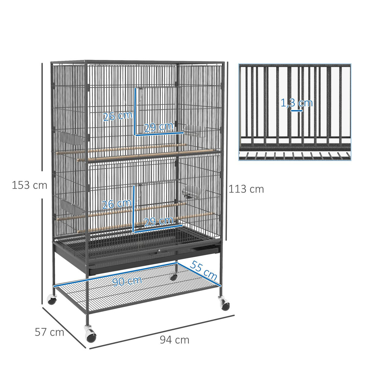 Bird Cage Bird Maker Bird Aviary With Perches, Bird House With Shelf, Floor Tray, Aviary With Doors, Wheels, Gray, 94 X 57 X 153 Cm
