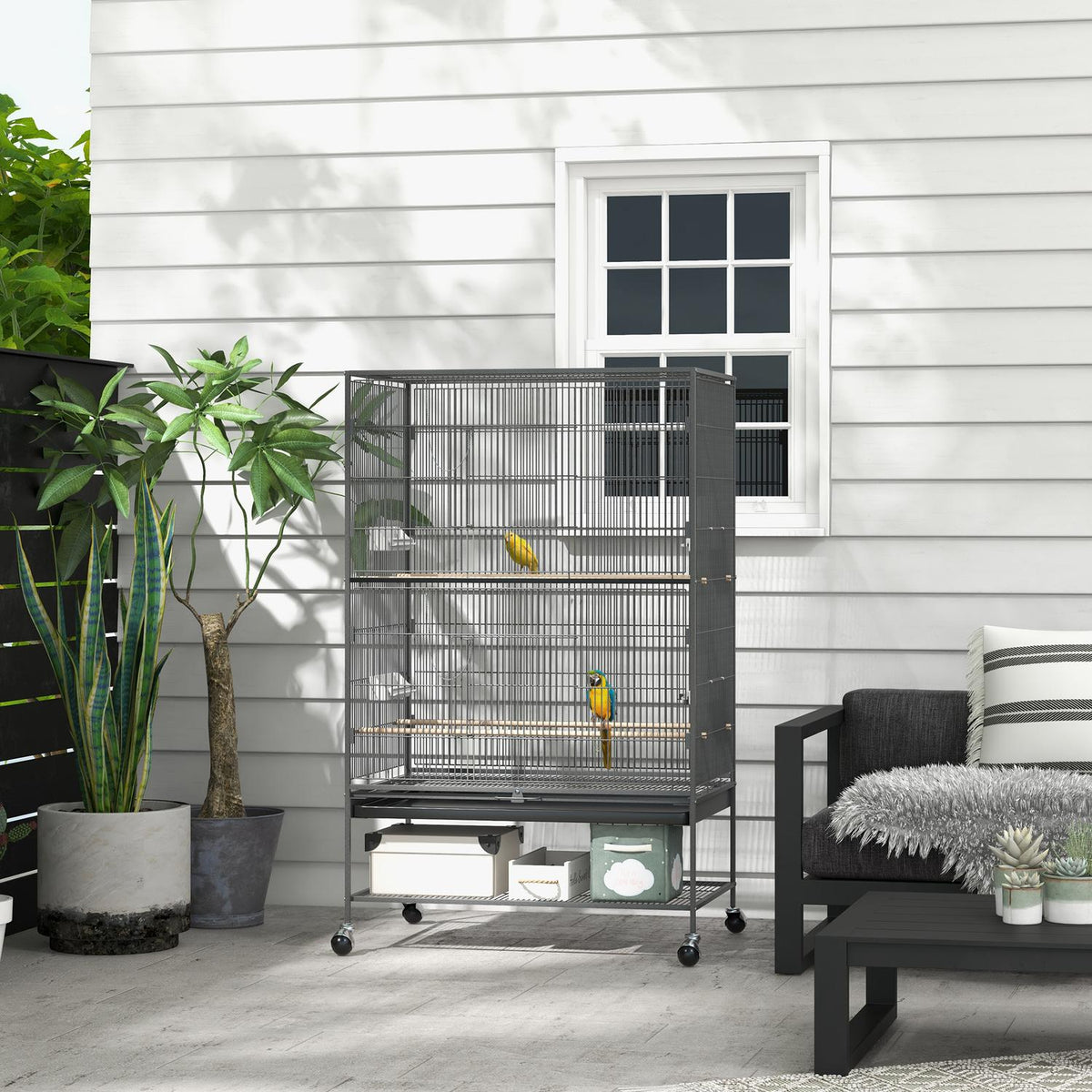 Bird Cage Bird Maker Bird Aviary With Perches, Bird House With Shelf, Floor Tray, Aviary With Doors, Wheels, Gray, 94 X 57 X 153 Cm