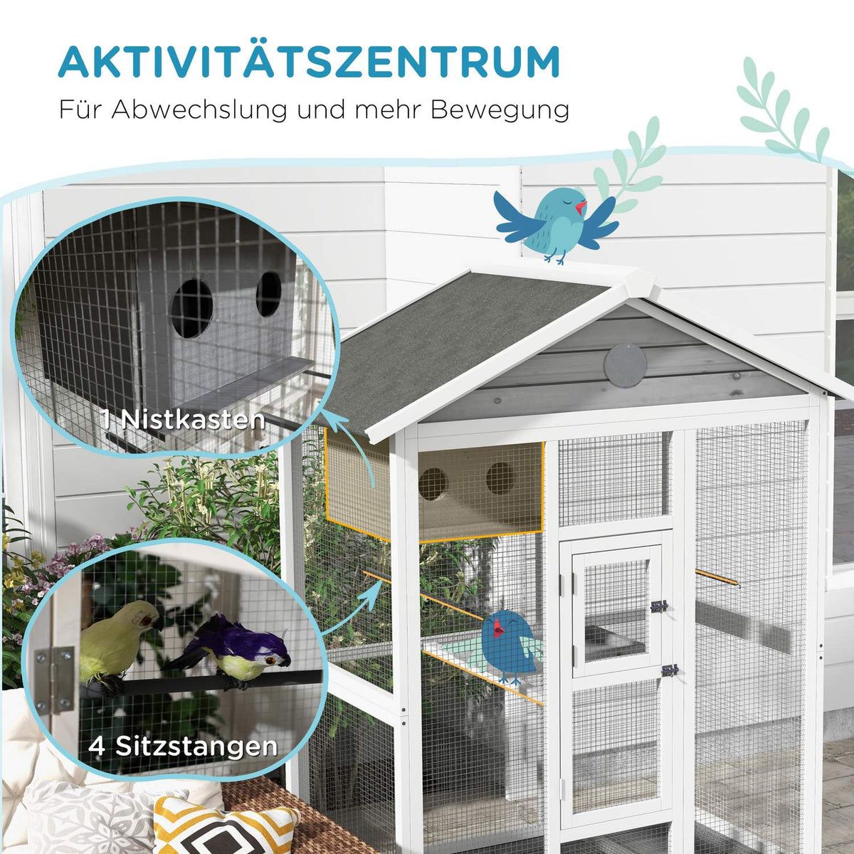 Bird Cage Budgie Cage With 4 Perches, Bird Builder With Extendable Floor Tray, Bird House For Canaries, Fir, 112 X 68 X 154 Cm
