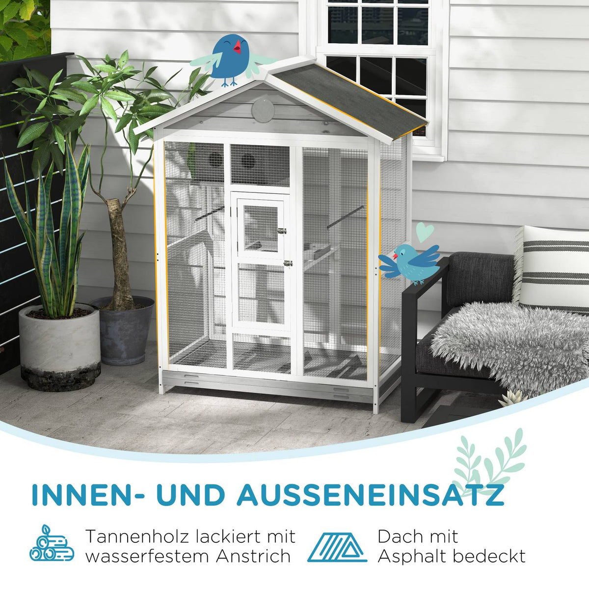 Bird Cage Budgie Cage With 4 Perches, Bird Builder With Extendable Floor Tray, Bird House For Canaries, Fir, 112 X 68 X 154 Cm