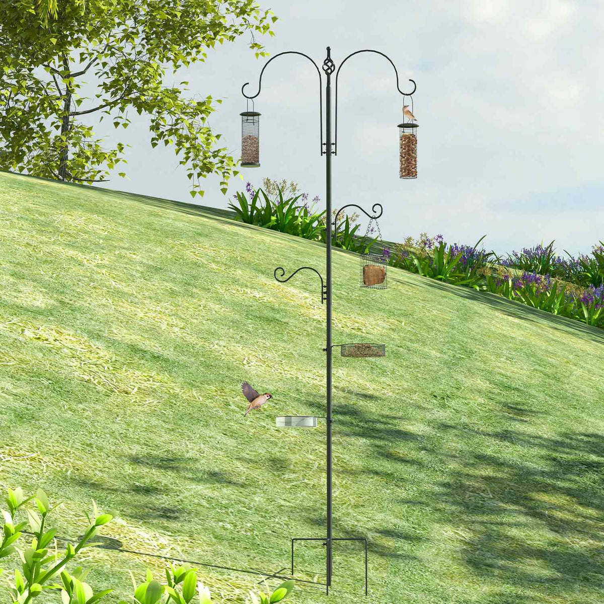 Bird Feeding Station Set Bird Bath Feeding Plate Complete Feeding Column Bird Feeder Station With 4 Hooks Steel Black Height 208 Cm