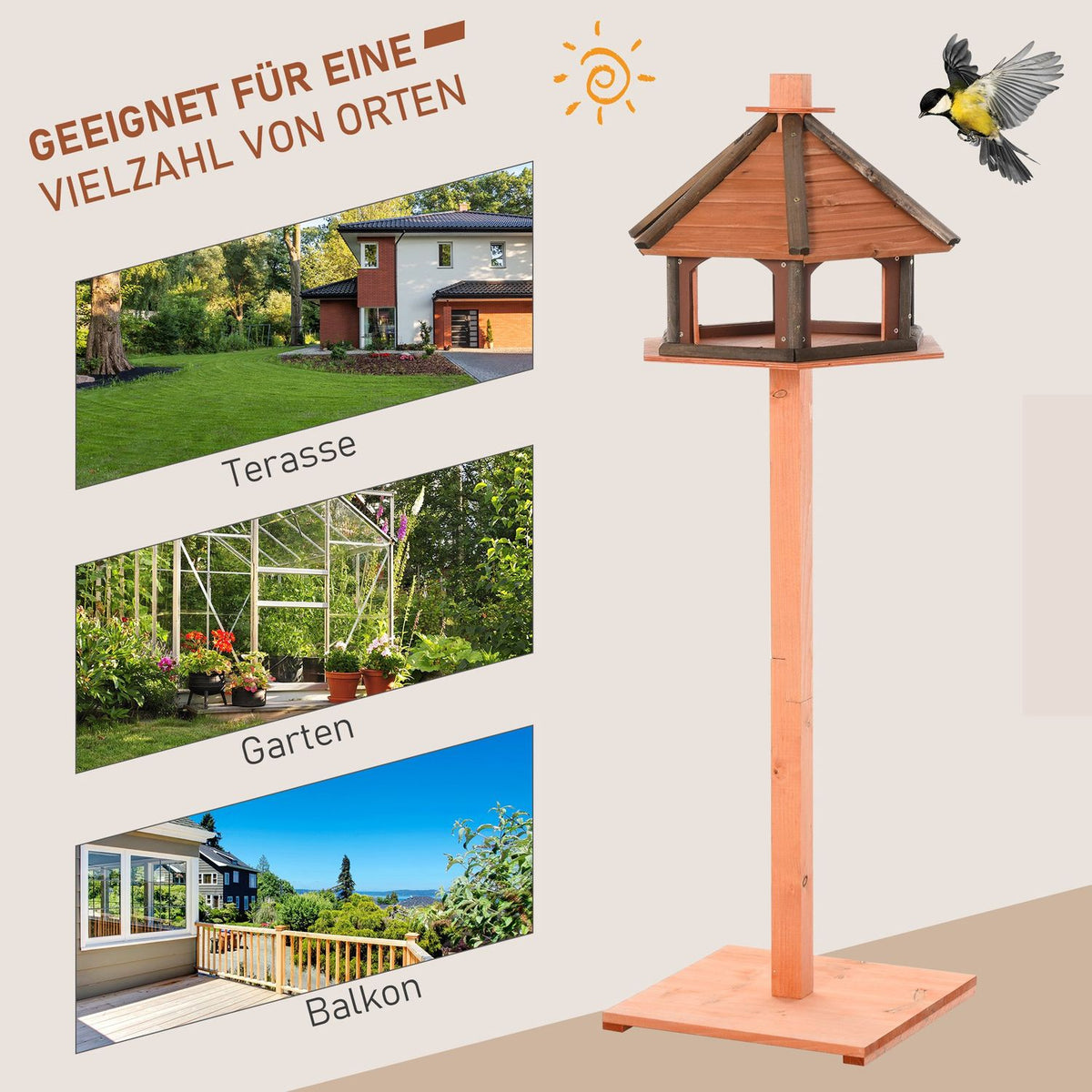 Bird House Bird Feeder Wooden Bird Villa Feeder Bird Stand Bird Table Bird House Play Stand With Waterproof Roof Natural Diameter 52 X 130 H Cm