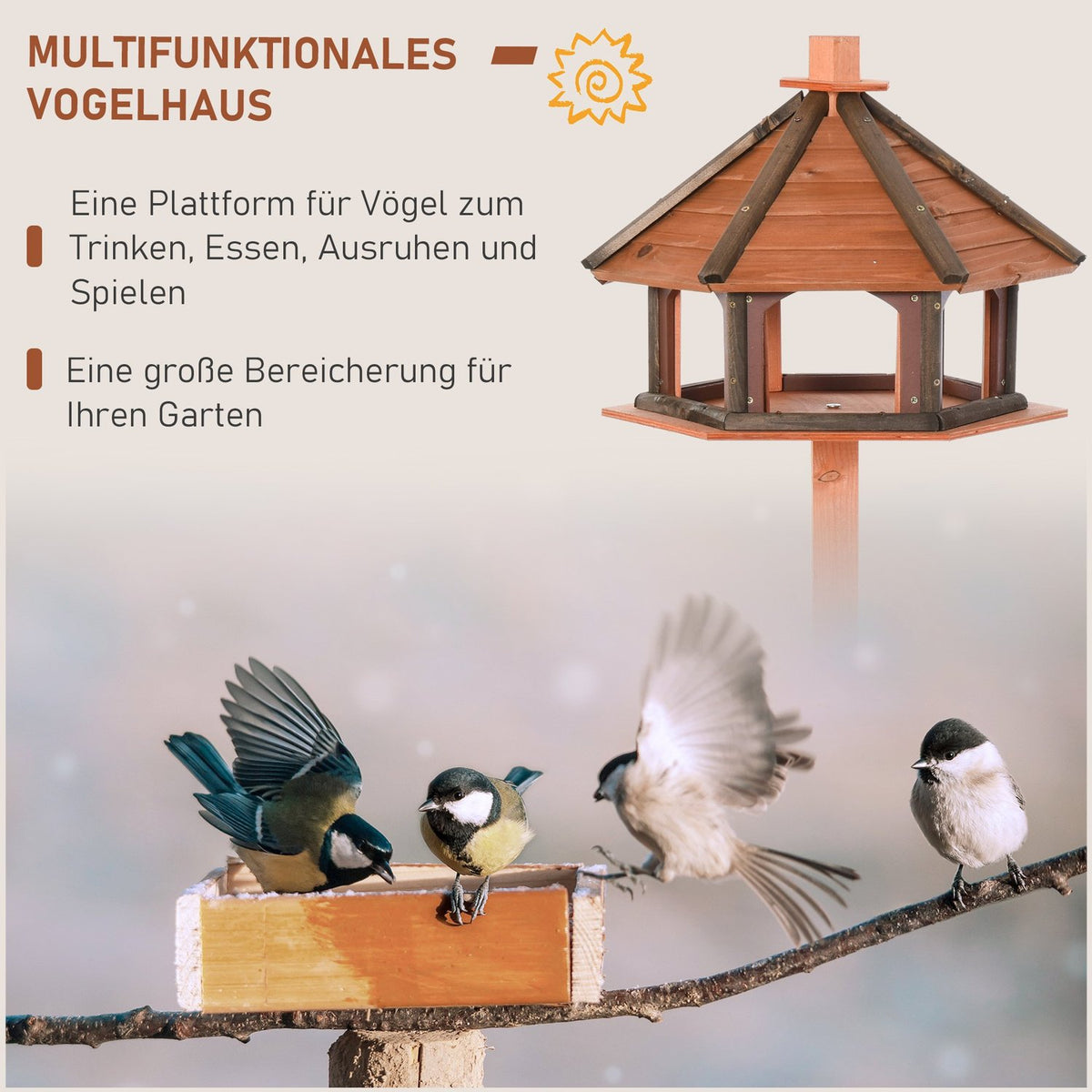 Bird House Bird Feeder Wooden Bird Villa Feeder Bird Stand Bird Table Bird House Play Stand With Waterproof Roof Natural Diameter 52 X 130 H Cm