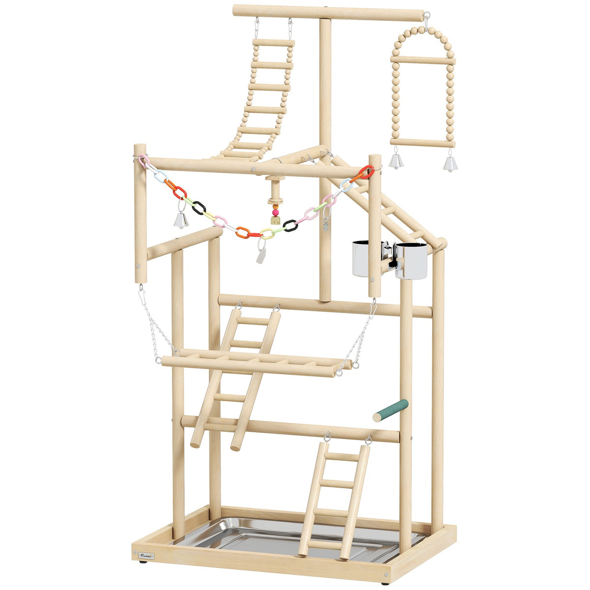 Bird Play Stand, 4 Levels, Stainless Tray, Natural Wood