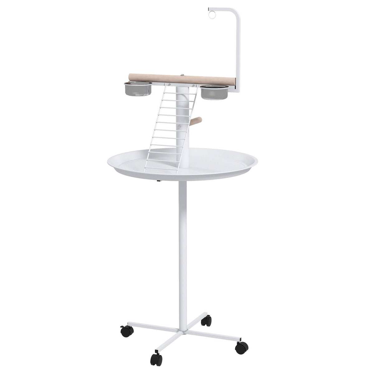 Bird Stand with Feeding Station, Wheels, Perches, Bird Feeder, Bird Feeder with Ladder for Garden, Balcony, Steel, White