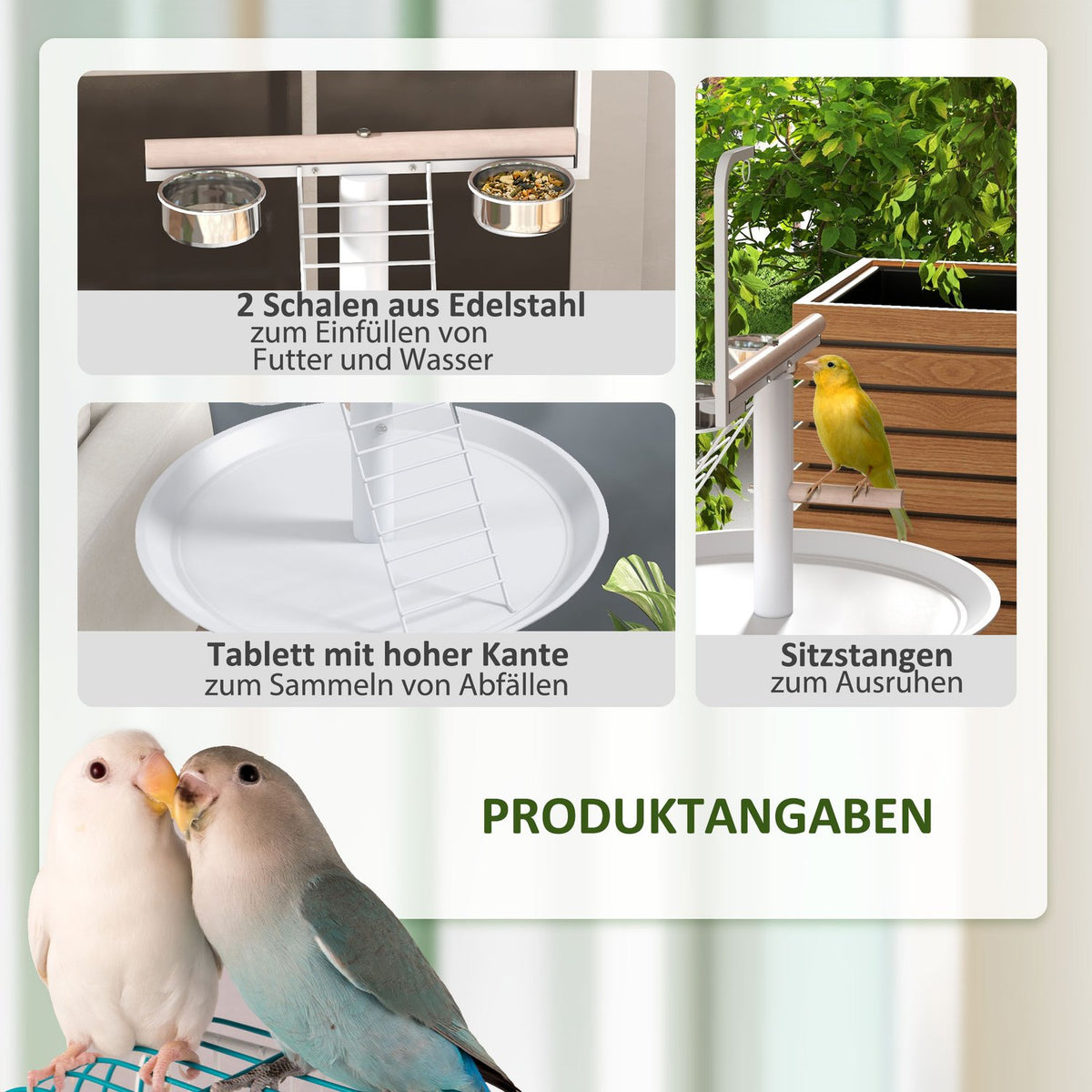 Bird Stand with Feeding Station, Wheels, Perches, Bird Feeder, Bird Feeder with Ladder for Garden, Balcony, Steel, White