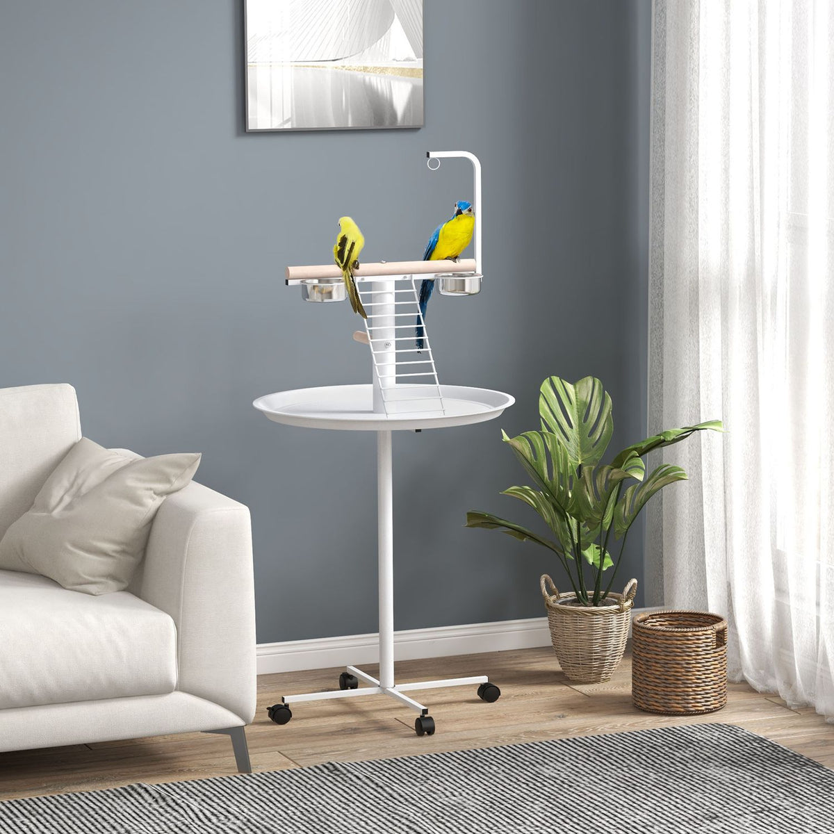 Bird Stand with Feeding Station, Wheels, Perches, Bird Feeder, Bird Feeder with Ladder for Garden, Balcony, Steel, White