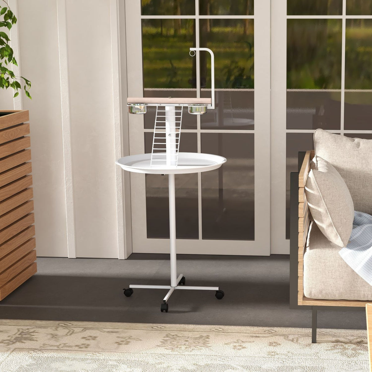 Bird Stand with Feeding Station, Wheels, Perches, Bird Feeder, Bird Feeder with Ladder for Garden, Balcony, Steel, White