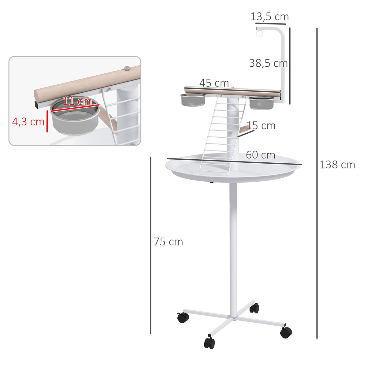 Bird Stand with Feeding Station, Wheels, Perches, Bird Feeder, Bird Feeder with Ladder for Garden, Balcony, Steel, White