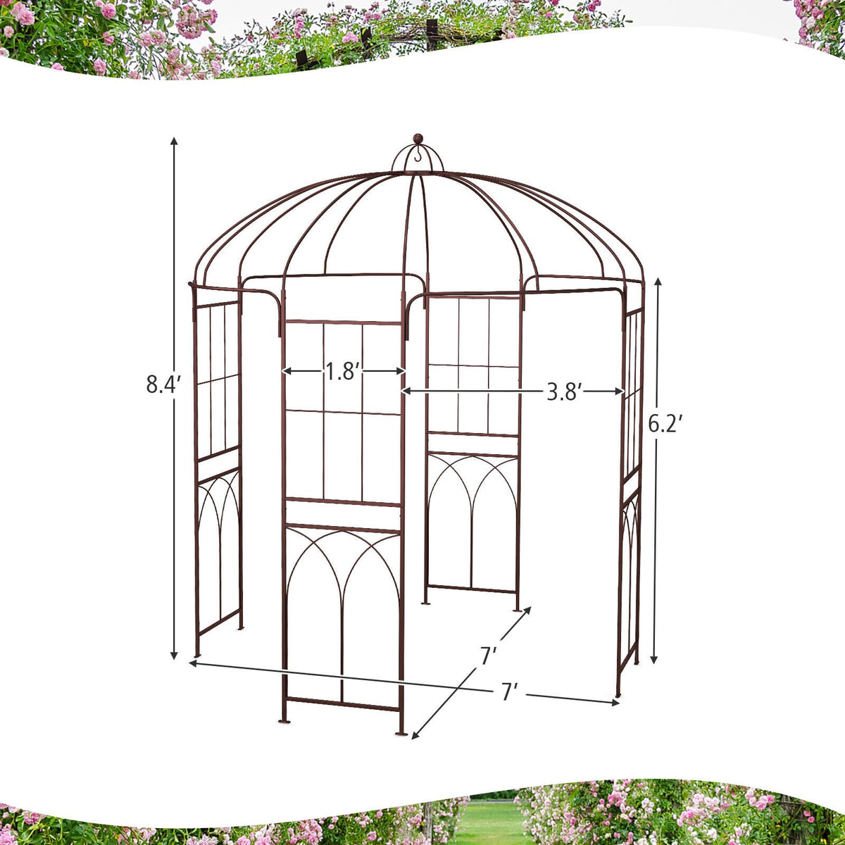 Birdcage Garden Arbor 8.4 Ft Metal Arch With Stakes