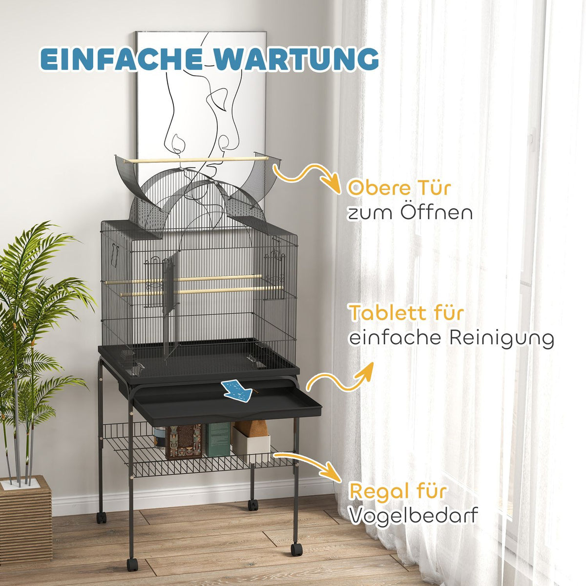 Bird cage large budgie cage with tray, storage space, feeding station, bird house with wheels for canaries, steel 63 x 53 x 144 cm black