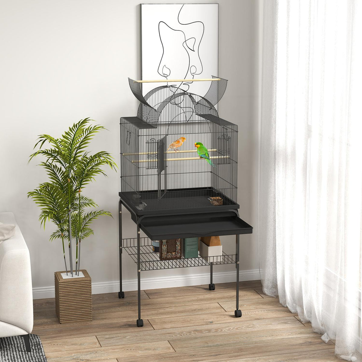 Bird cage large budgie cage with tray, storage space, feeding station, bird house with wheels for canaries, steel 63 x 53 x 144 cm black