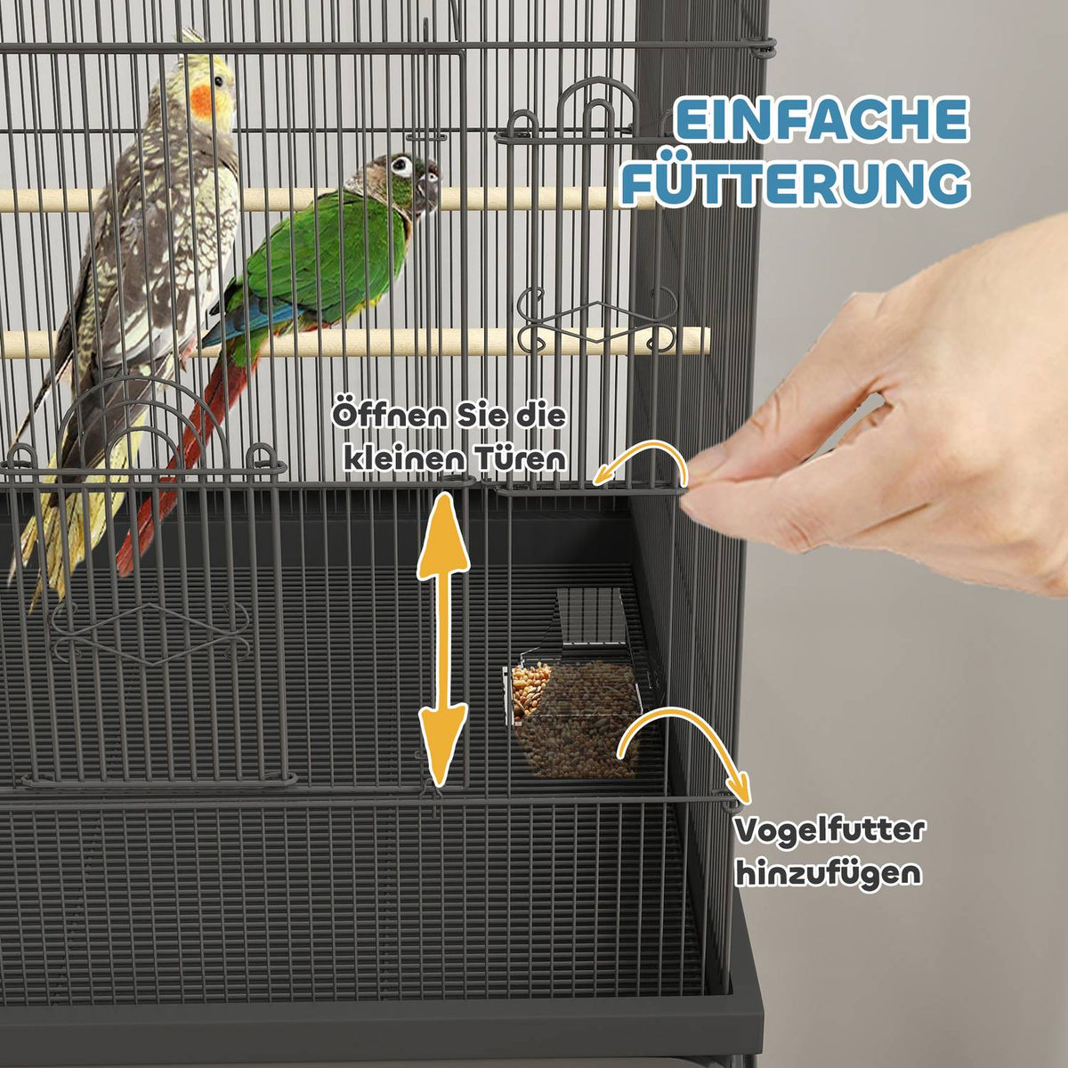 Bird cage large budgie cage with tray, storage space, feeding station, bird house with wheels for canaries, steel 63 x 53 x 144 cm black