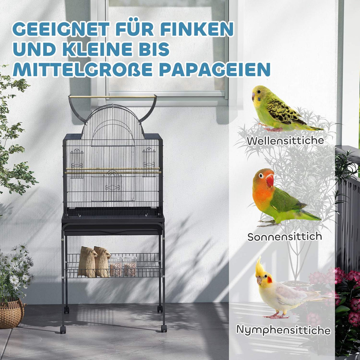 Bird cage large budgie cage with tray, storage space, feeding station, bird house with wheels for canaries, steel 63 x 53 x 144 cm black