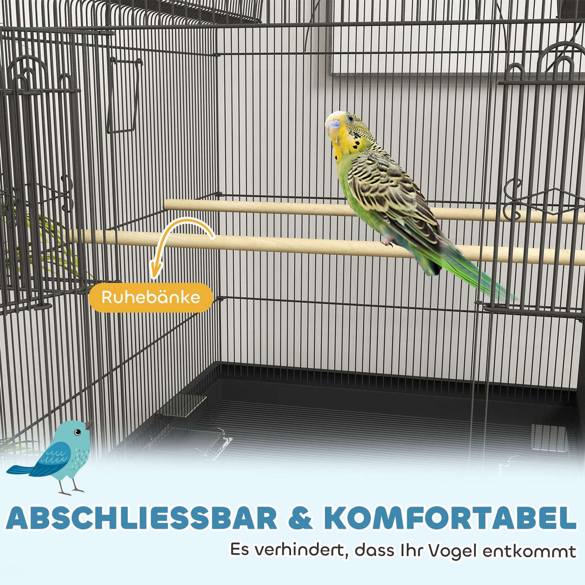 Bird cage large budgie cage with tray, storage space, feeding station, bird house with wheels for canaries, steel 63 x 53 x 144 cm black