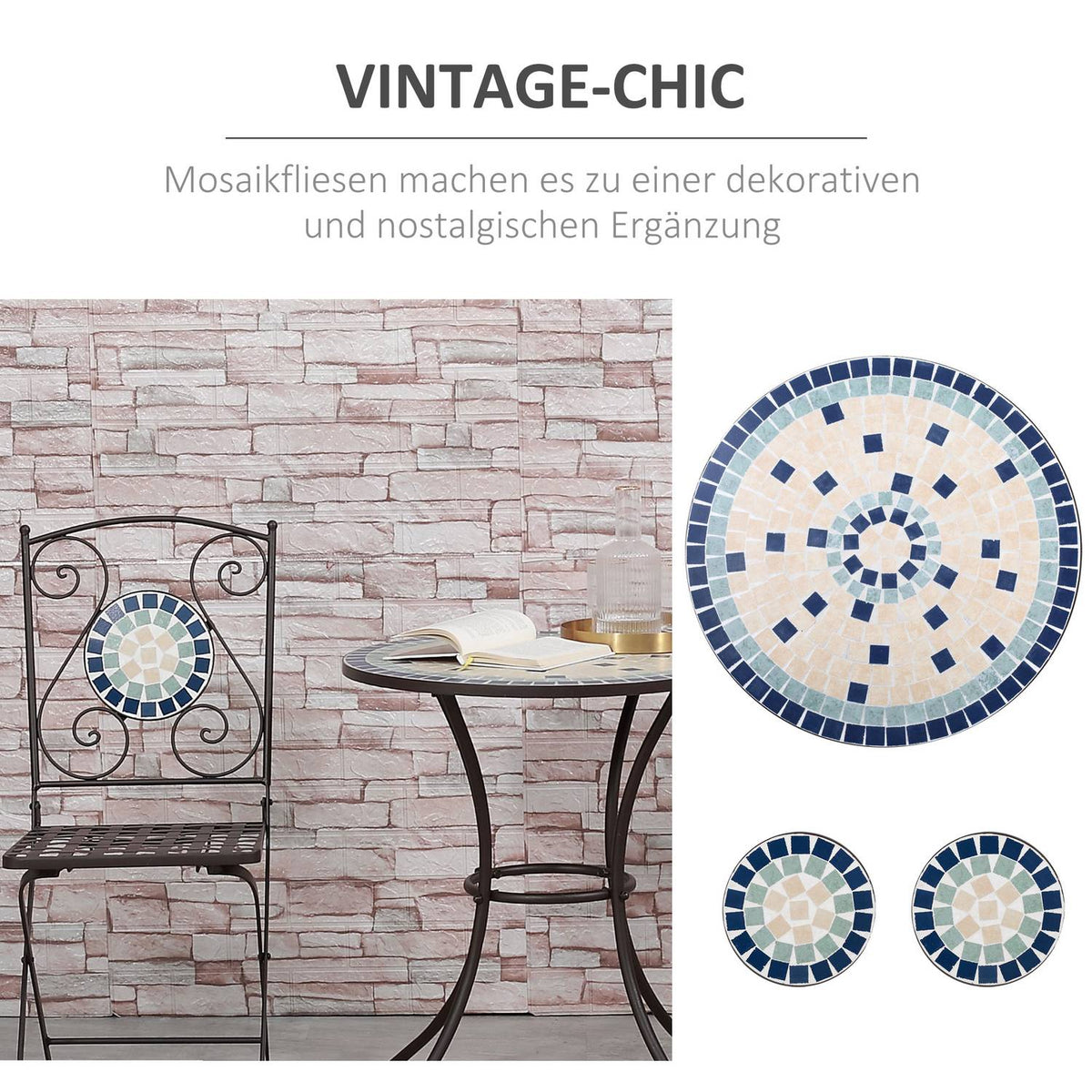 Bistro Set For 2 In Nostalgic Design, Mosaic Stones, Weather Resistant, Multi-Colour