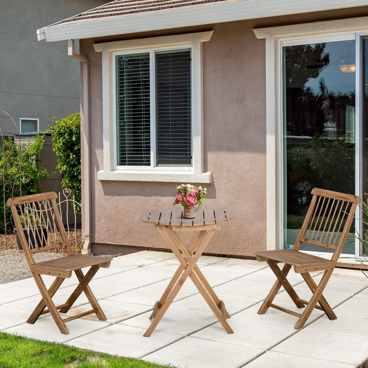 Bistro Set For 2 People, Foldable Wooden Garden Set, Balcony Set, Bistro Table With 2 Chairs, Garden Furniture, Natural
