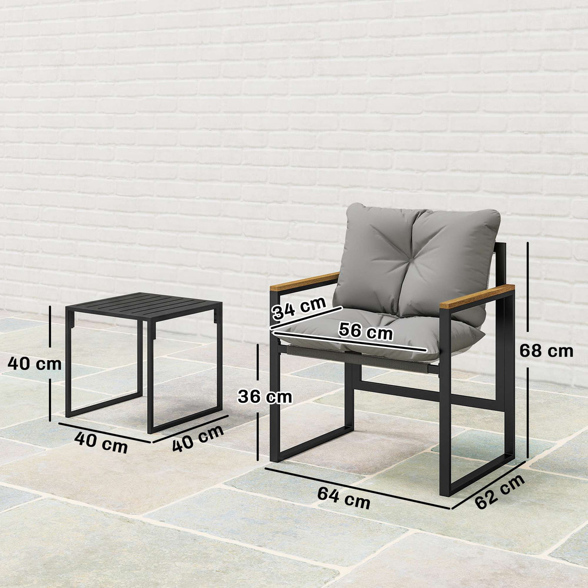 Bistro Set with Cushioned Chairs and Table, Black/Gray