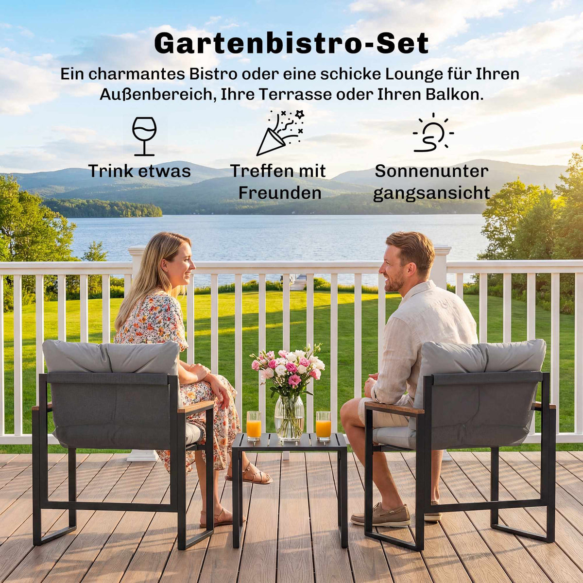 Bistro Set with Cushioned Chairs and Table, Black/Gray