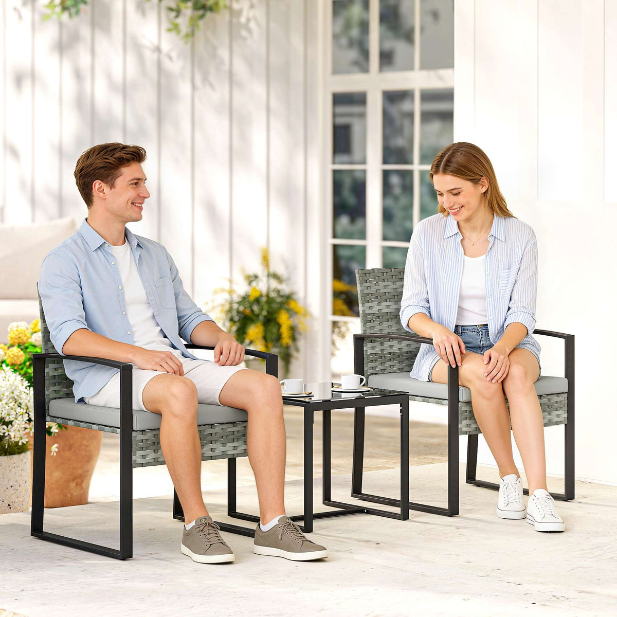 Bistro Set with Cushions, PE Rattan, Glass Tabletop