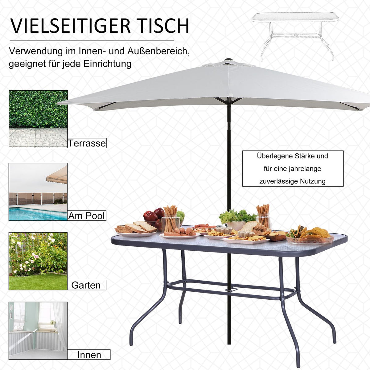 Bistro Table Garden Table Glass Top Umbrella Hole Tempered Glass Metal Carbon Gray 140X80X70Cm