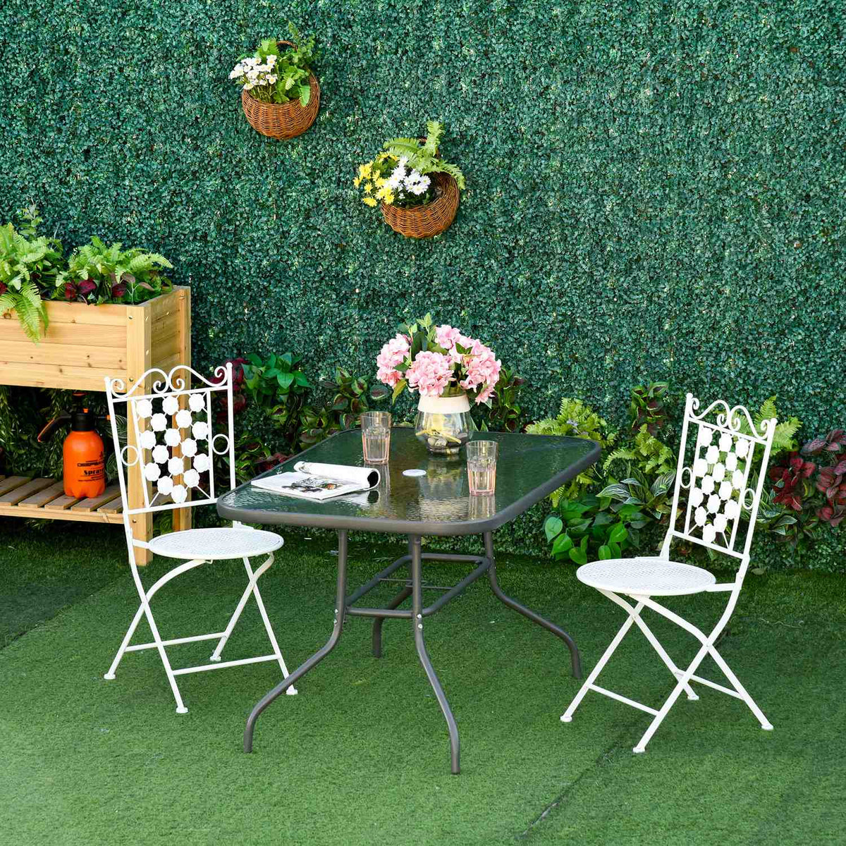 Bistro Table Garden Table Glass Top Umbrella Hole Tempered Glass Metal Carbon Gray 140X80X70Cm