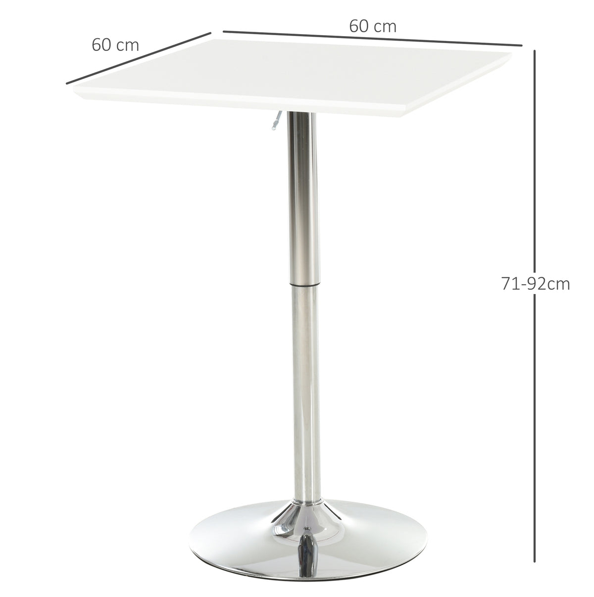 Bistro Table Pub Bar Table Height-Adjustable, Square, Steel, White, 60X60X71-92Cm