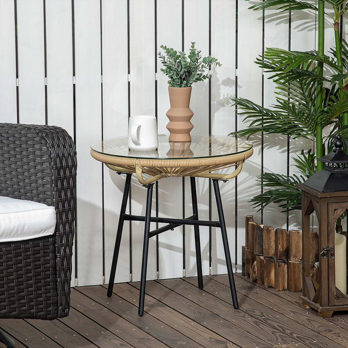 Bistro Table, Round Garden Table, Rat Side Table, For Patio, Balcony, Black+Beige, 50 X 50 X 50 Cm