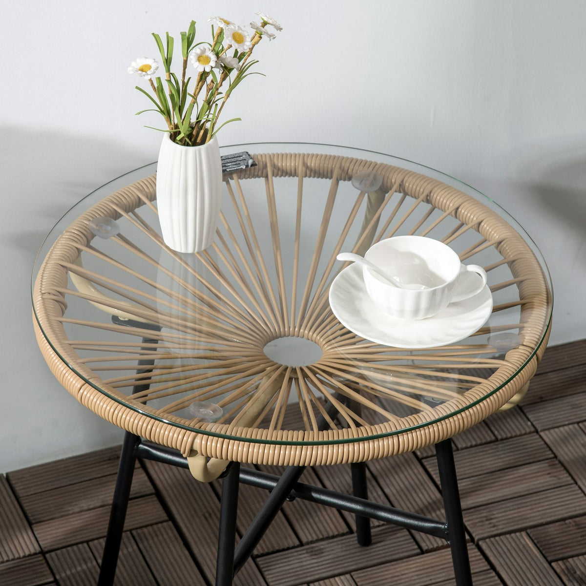 Bistro Table, Round Garden Table, Rat Side Table, For Patio, Balcony, Black+Beige, 50 X 50 X 50 Cm
