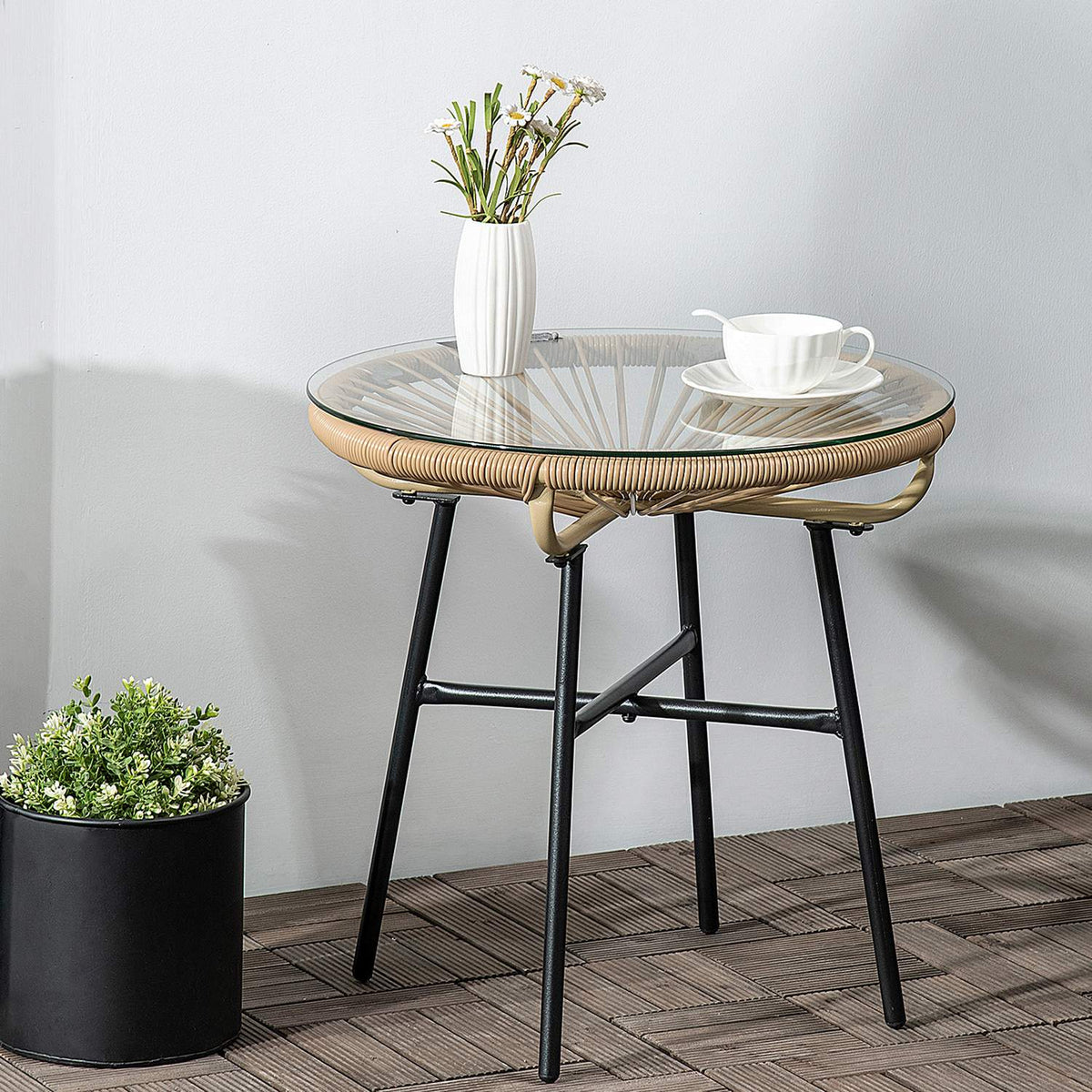 Bistro Table, Round Garden Table, Rat Side Table, For Patio, Balcony, Black+Beige, 50 X 50 X 50 Cm