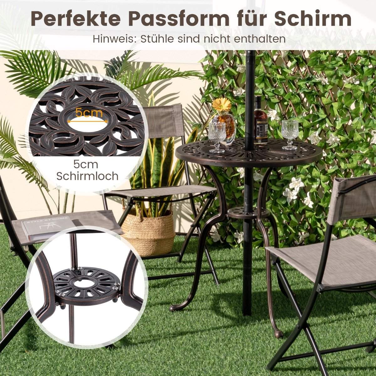 Bistro table made of cast aluminum, weatherproof balcony table with umbrella hole 61 x 61 x 71 cm copper red