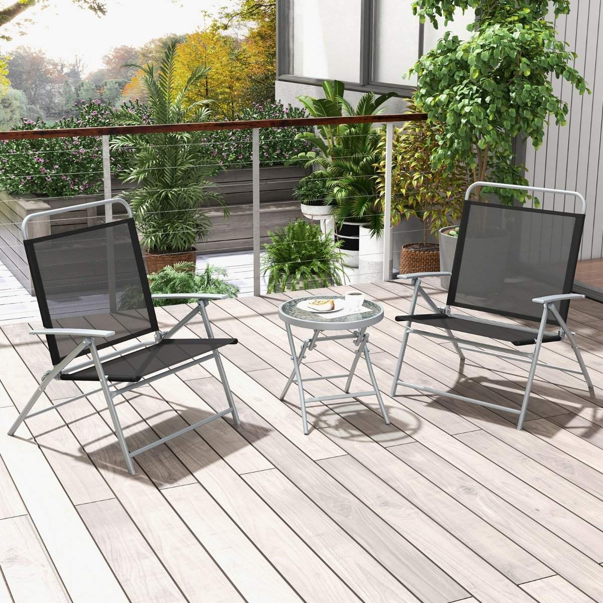 Bistro table with 2 chairs Folding balcony set 3-piece garden furniture set with metal frame
