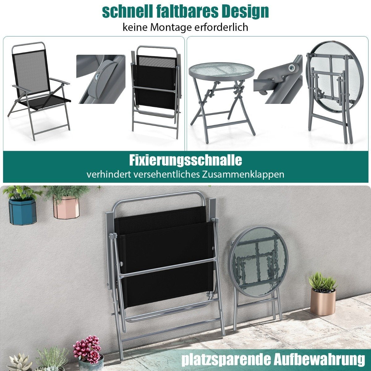 Bistro table with 2 chairs Folding balcony set 3-piece garden furniture set with metal frame
