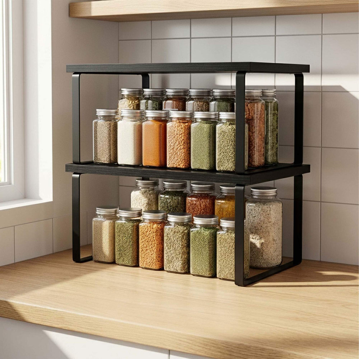 Black Adjustable Spice Rack Set, 2-Piece MDF and Iron