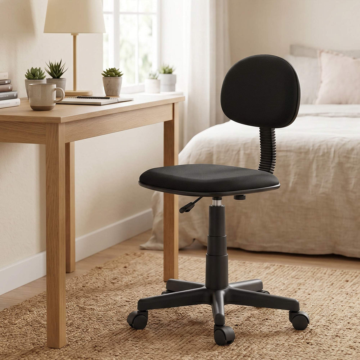 Black Armless Desk Chair, Adjustable Height, Swivel Wheels