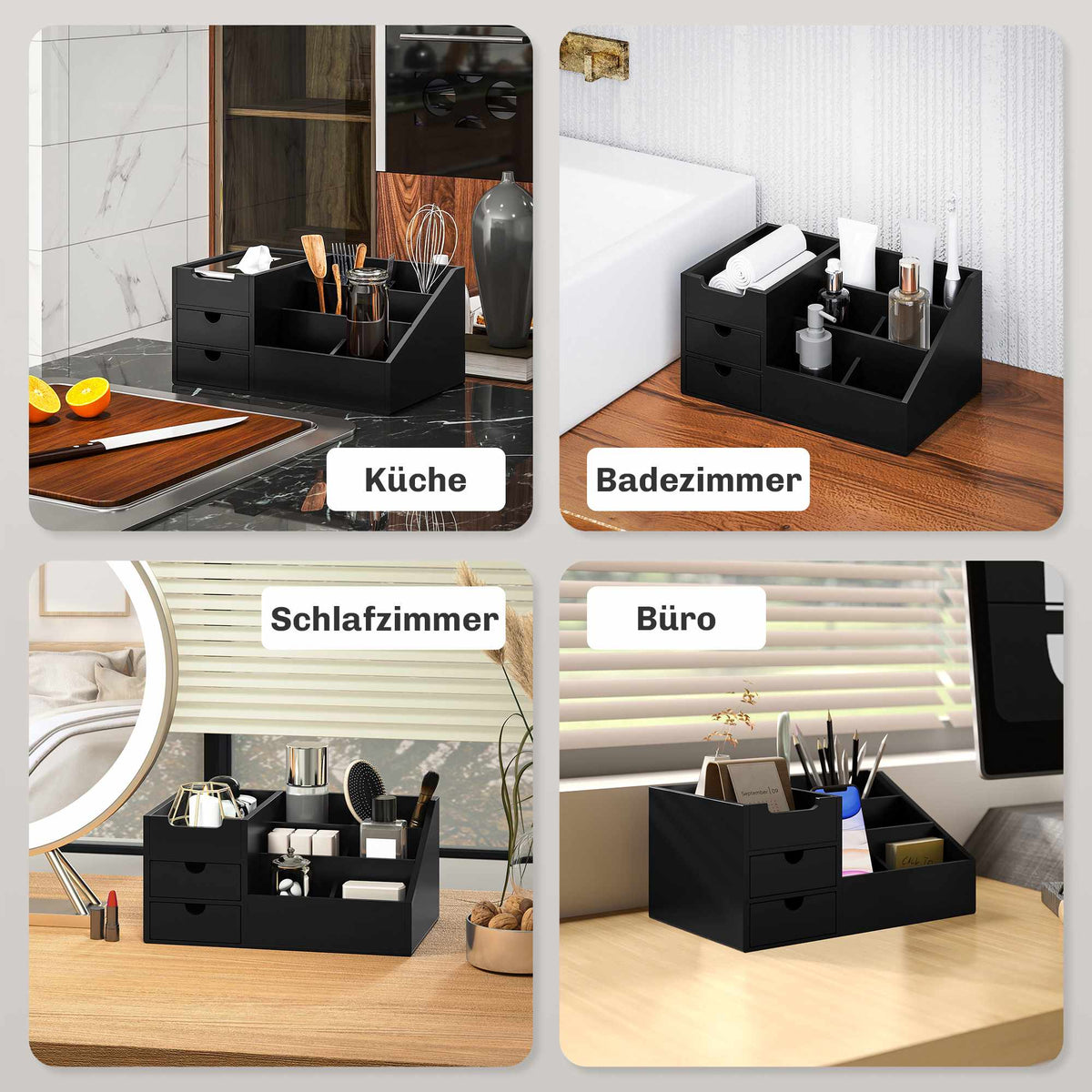 Black Bamboo Desk Organizer with 2 Drawers, 7 Compartments