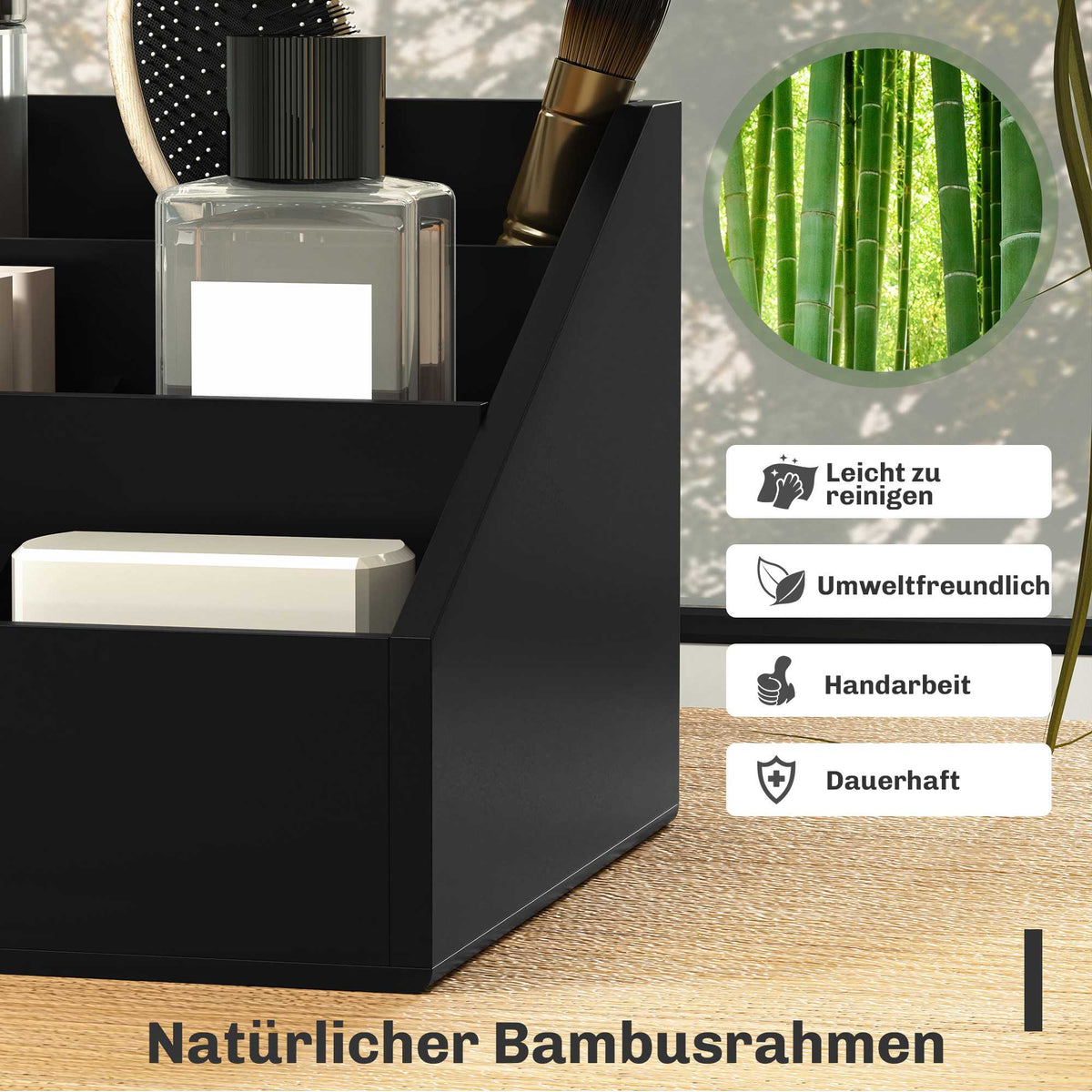 Black Bamboo Desk Organizer with 2 Drawers, 7 Compartments