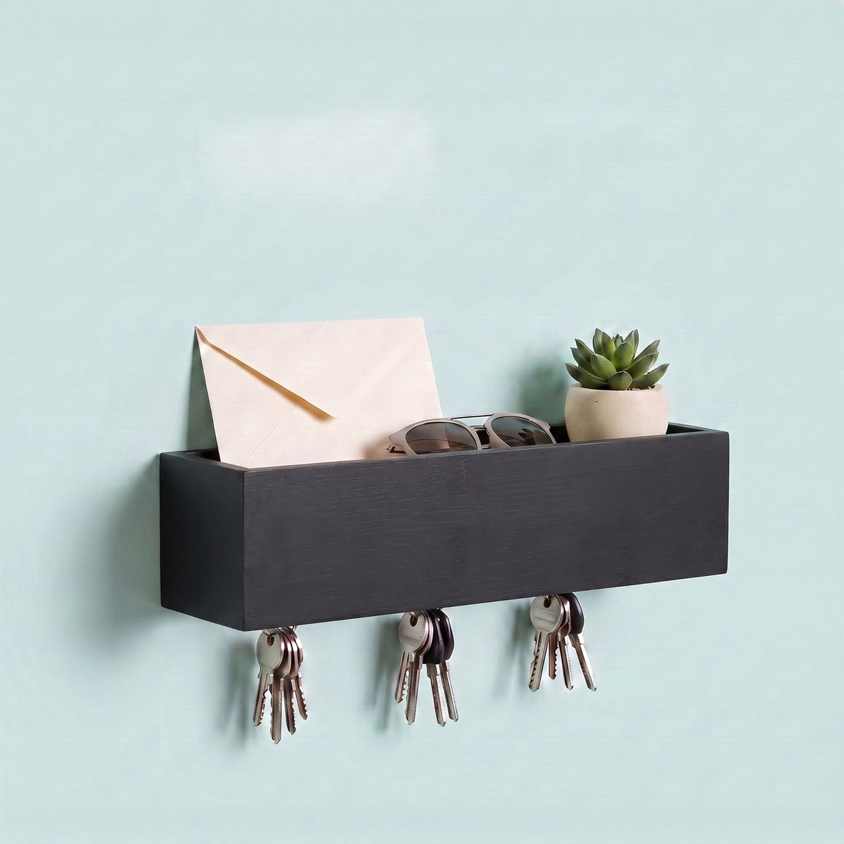 Black Bamboo-Iron Key Rack with 6 Hooks and Shelf