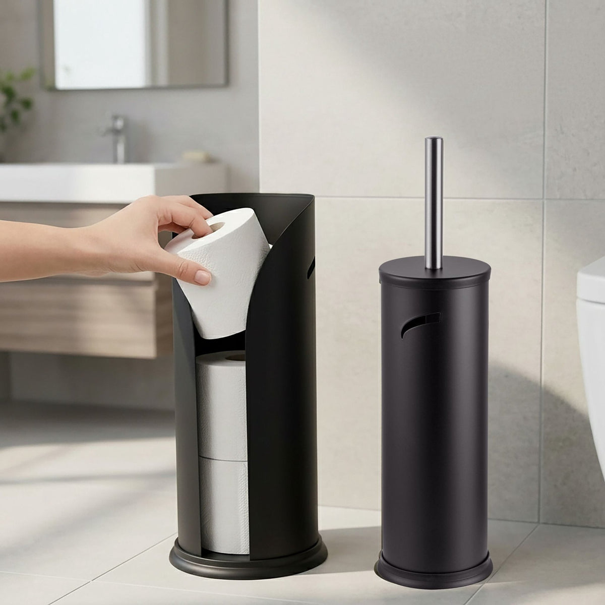 Black Bathroom Set: Toilet Brush & Spare Roll Holder
