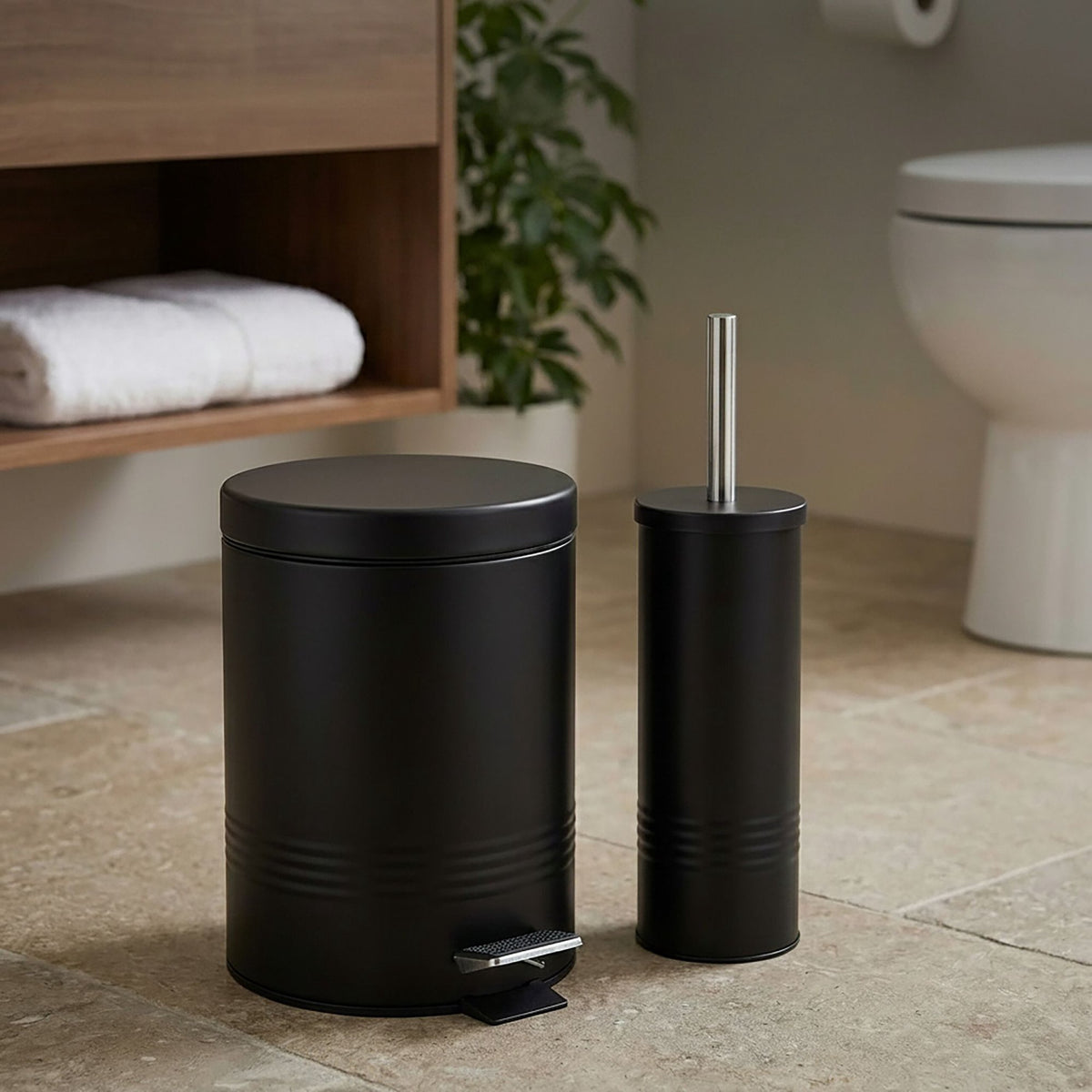 Black Bathroom Set with Pedal Bin & Toilet Brush